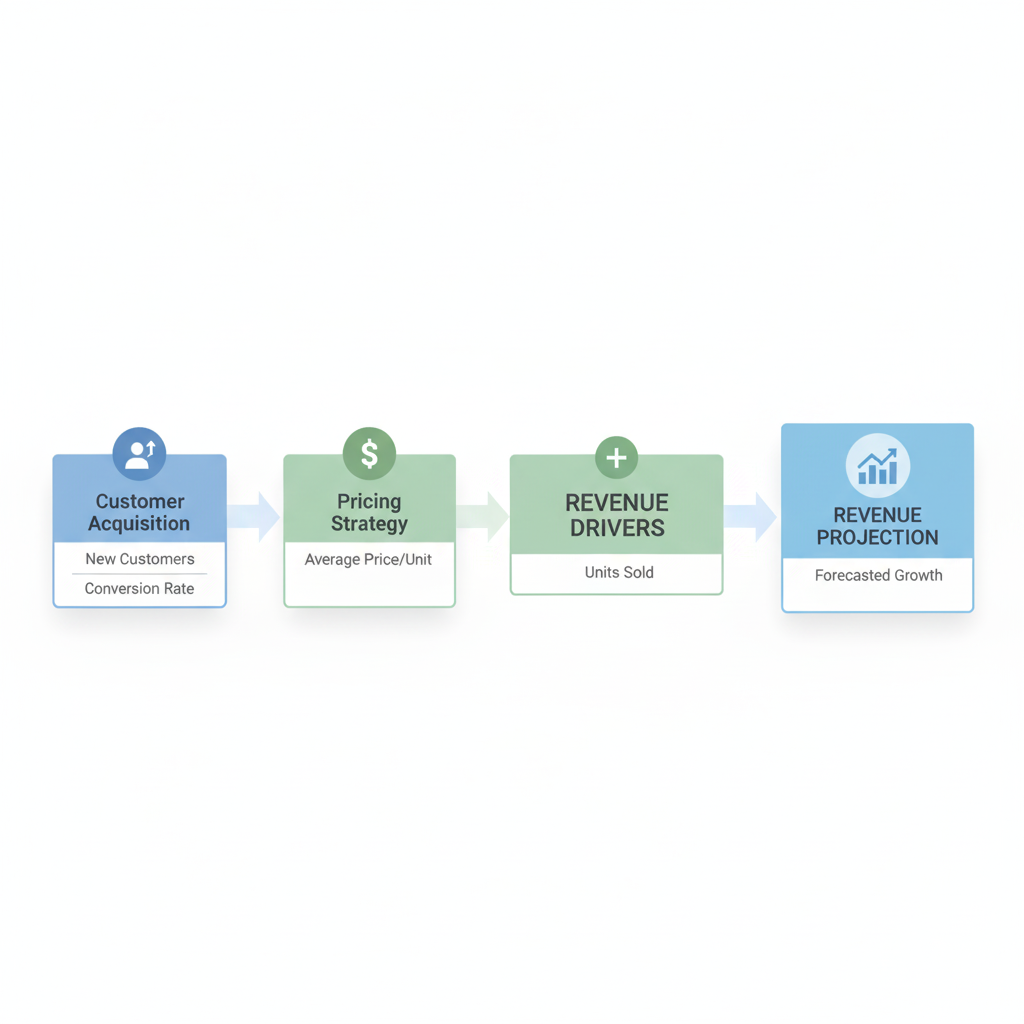 Diagram showing business revenue drivers including customer acquisition, pricing, and sales volume flowing into revenue projections